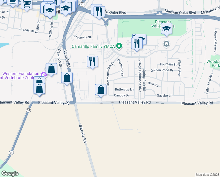 map of restaurants, bars, coffee shops, grocery stores, and more near 520 Commons Park Drive in Camarillo