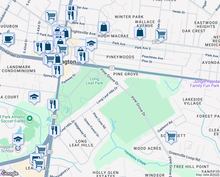 map of restaurants, bars, coffee shops, grocery stores, and more near 4725 Long Leaf Hills Drive in Wilmington