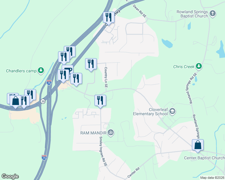 map of restaurants, bars, coffee shops, grocery stores, and more near 144 Georgia 20 Spur in Cartersville