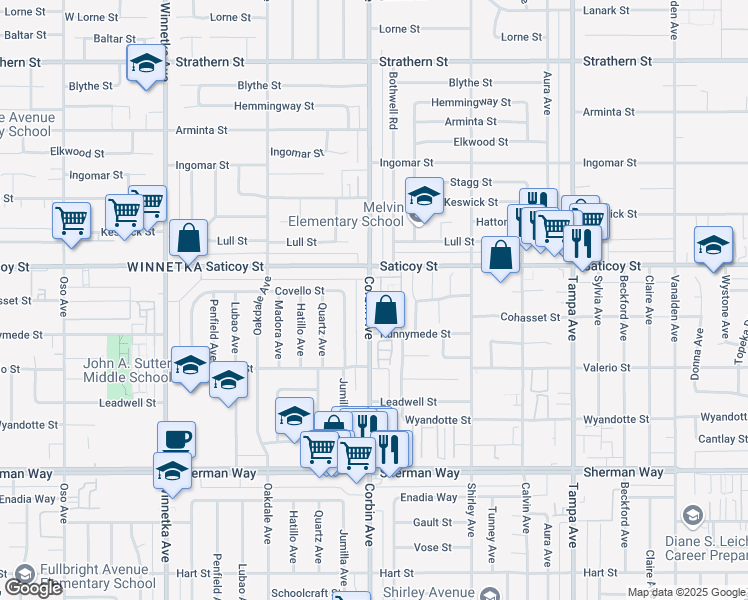 map of restaurants, bars, coffee shops, grocery stores, and more near 7554 Corbin Avenue in Los Angeles