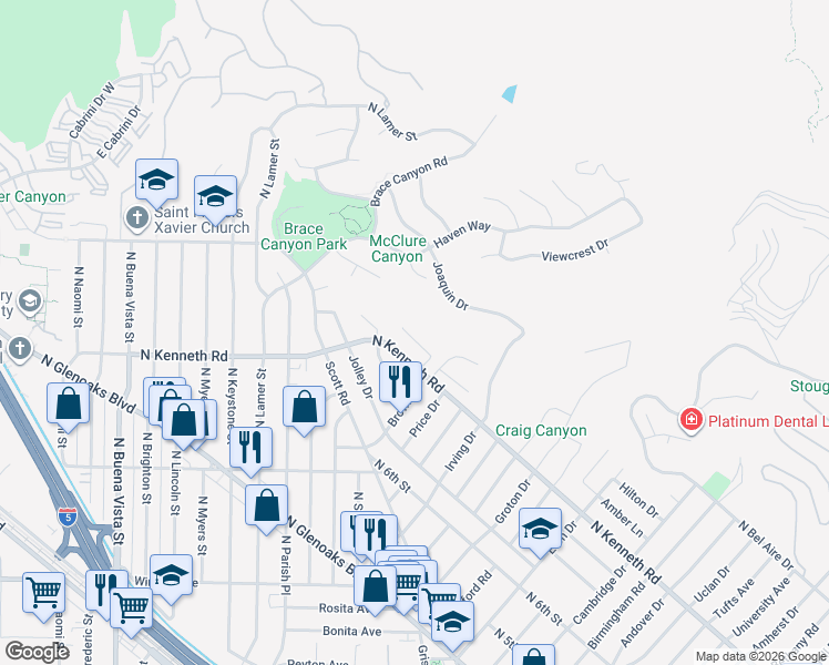 map of restaurants, bars, coffee shops, grocery stores, and more near 2728 Kingsway Drive in Burbank