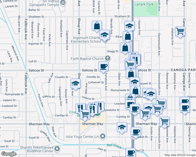 map of restaurants, bars, coffee shops, grocery stores, and more near 22236 Covello Street in Los Angeles