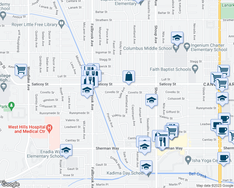 map of restaurants, bars, coffee shops, grocery stores, and more near 22612 Covello Street in Los Angeles