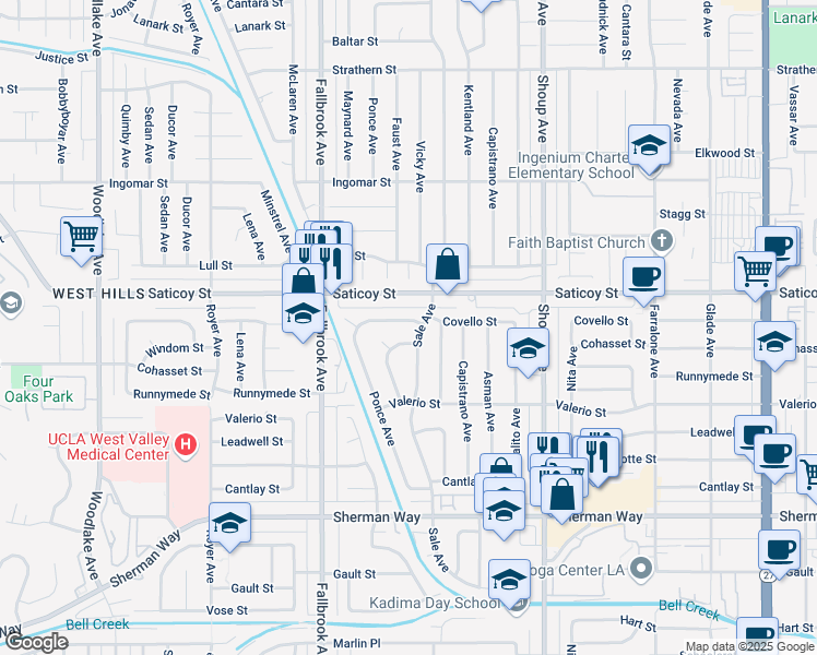 map of restaurants, bars, coffee shops, grocery stores, and more near 22612 Covello Street in Los Angeles