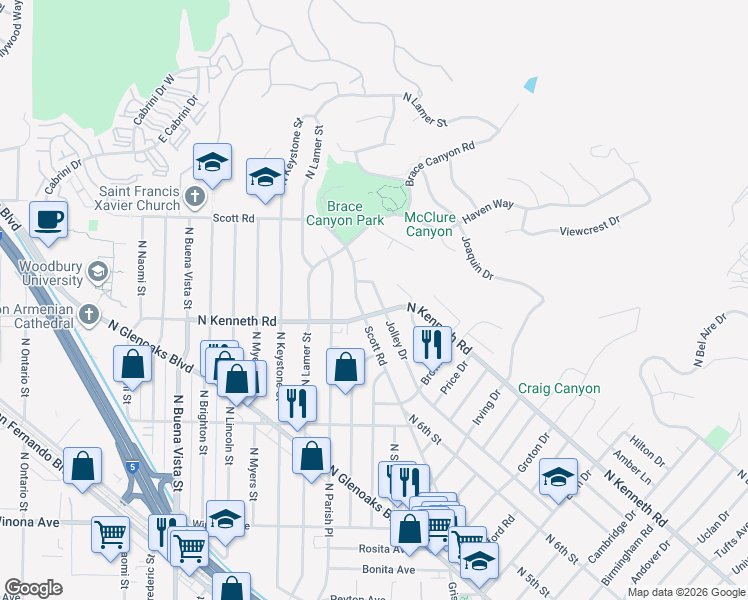 map of restaurants, bars, coffee shops, grocery stores, and more near 3117 Jolley Drive in Burbank