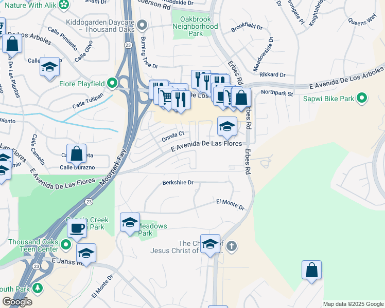 map of restaurants, bars, coffee shops, grocery stores, and more near 1802 East Avenida De Las Flores in Thousand Oaks