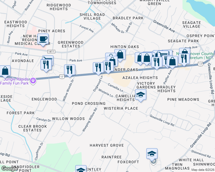 map of restaurants, bars, coffee shops, grocery stores, and more near 5712 Camellia Lane in Wilmington