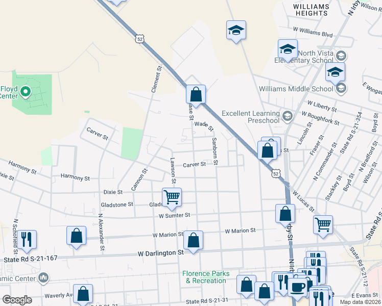 map of restaurants, bars, coffee shops, grocery stores, and more near 605 Pennsylvania Street in Florence