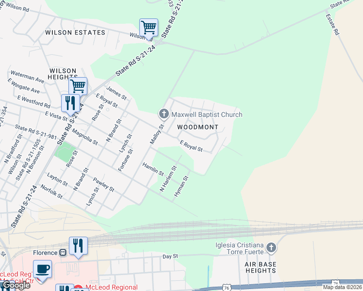 map of restaurants, bars, coffee shops, grocery stores, and more near 1008 East Royal Street in Florence