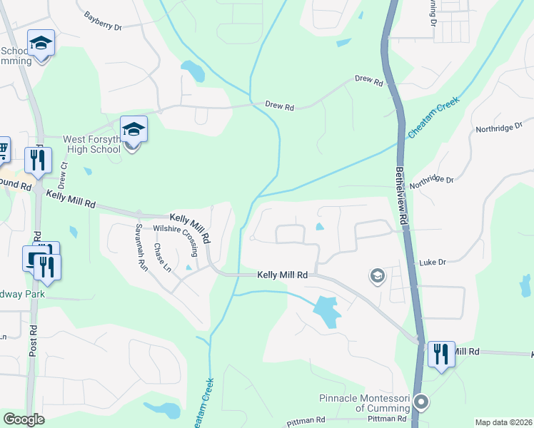 map of restaurants, bars, coffee shops, grocery stores, and more near 4830 Westgate Drive in Cumming