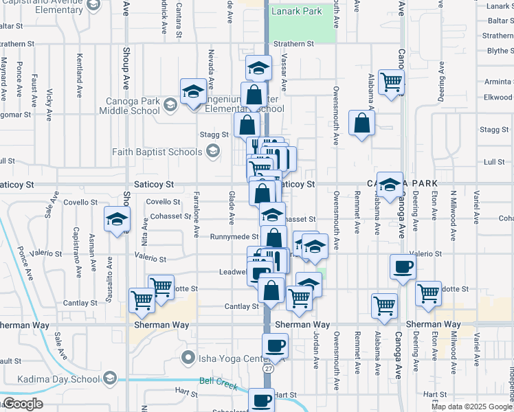 map of restaurants, bars, coffee shops, grocery stores, and more near 22012 Covello Street in Los Angeles