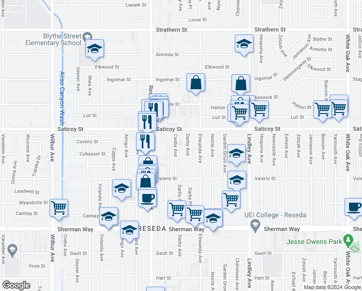 map of restaurants, bars, coffee shops, grocery stores, and more near 7522 Canby Avenue in Los Angeles