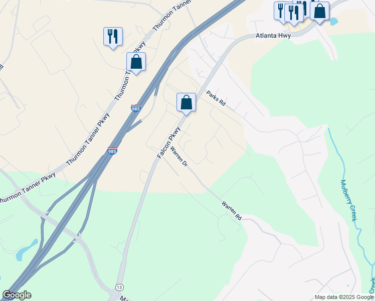 map of restaurants, bars, coffee shops, grocery stores, and more near 3979 Alderstone Drive in Flowery Branch