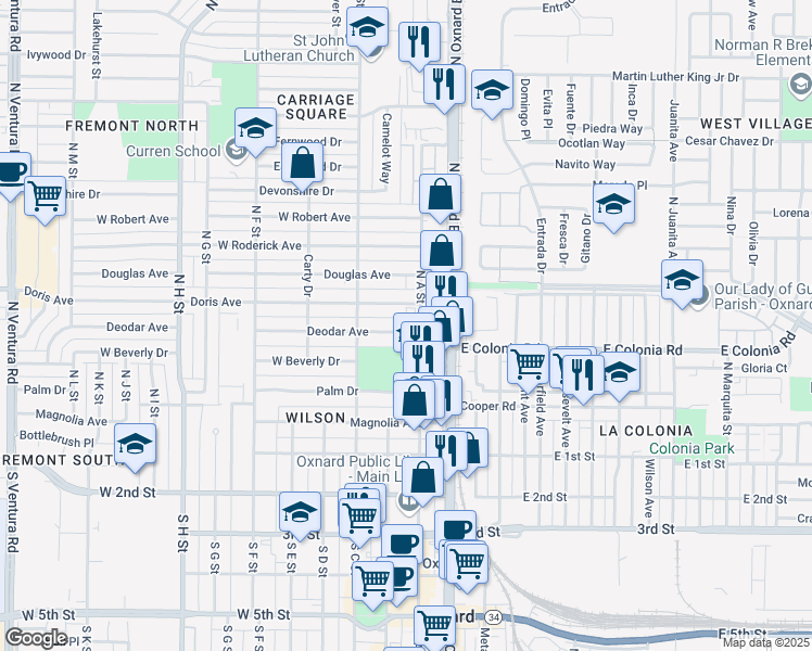 map of restaurants, bars, coffee shops, grocery stores, and more near 223 Deodar Avenue in Oxnard