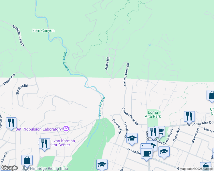 map of restaurants, bars, coffee shops, grocery stores, and more near 4031 Canyon Dell Drive in Altadena