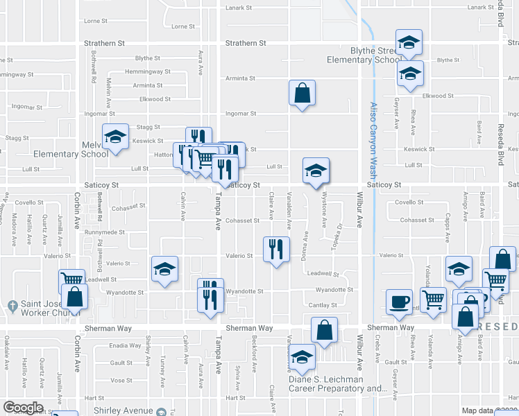 map of restaurants, bars, coffee shops, grocery stores, and more near 7518 Beckford Avenue in Los Angeles