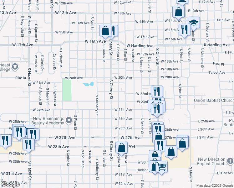 map of restaurants, bars, coffee shops, grocery stores, and more near 2121 South Cherry Street in Pine Bluff