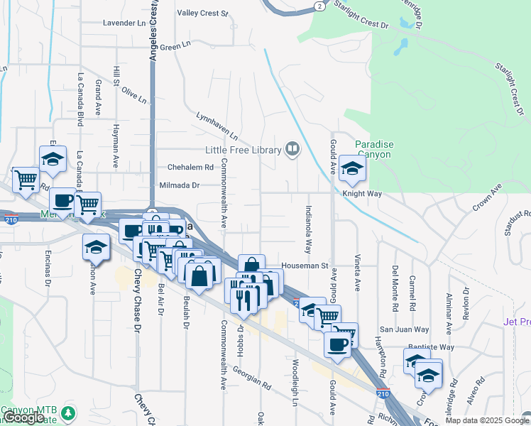 map of restaurants, bars, coffee shops, grocery stores, and more near 4828 Oakwood Avenue in La Cañada Flintridge