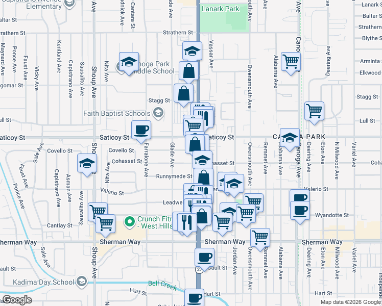 map of restaurants, bars, coffee shops, grocery stores, and more near 22012 Covello Street in Los Angeles