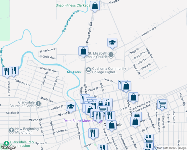map of restaurants, bars, coffee shops, grocery stores, and more near 211 Clark Street in Clarksdale