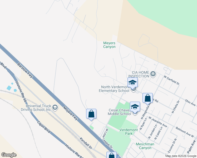 map of restaurants, bars, coffee shops, grocery stores, and more near 3717 West Meyers Road in San Bernardino