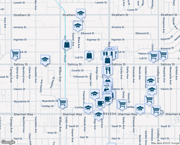 map of restaurants, bars, coffee shops, grocery stores, and more near 7528 Capps Avenue in Los Angeles