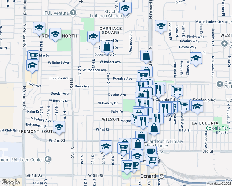 map of restaurants, bars, coffee shops, grocery stores, and more near 458 Doris Avenue in Oxnard