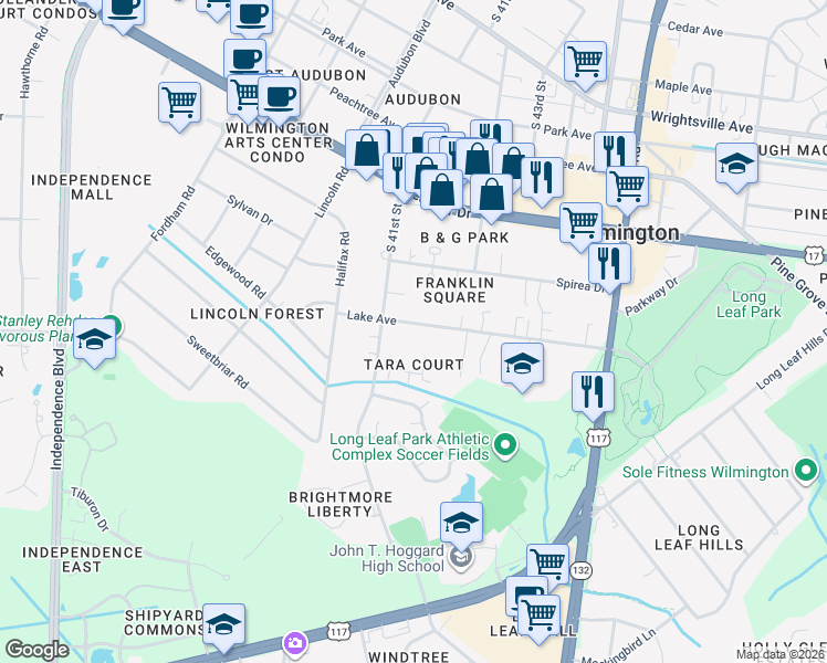 map of restaurants, bars, coffee shops, grocery stores, and more near 4129 Lake Avenue in Wilmington