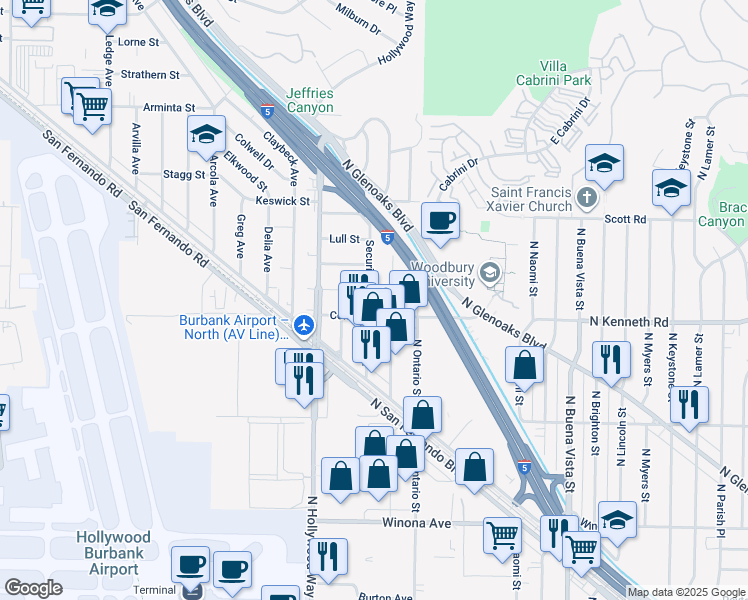 map of restaurants, bars, coffee shops, grocery stores, and more near 7522 Security Avenue in Burbank