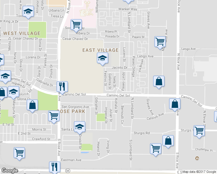 map of restaurants, bars, coffee shops, grocery stores, and more near 521 Galerita Street in Oxnard