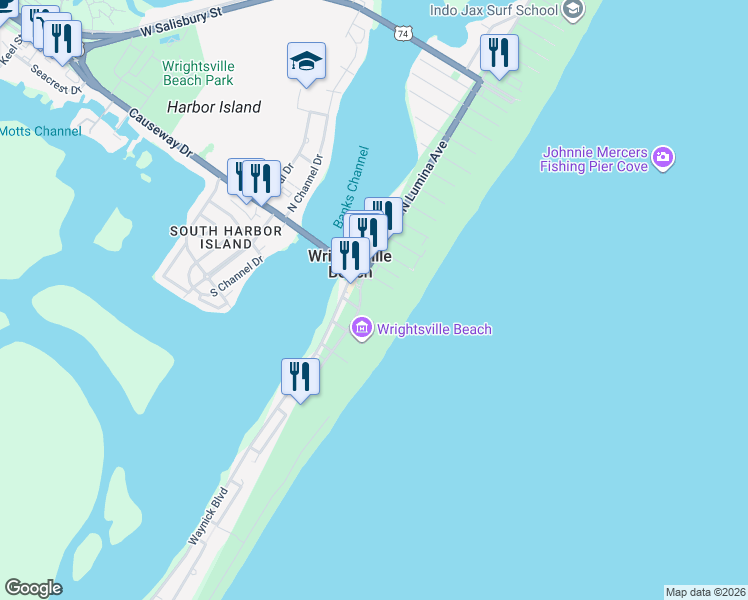 map of restaurants, bars, coffee shops, grocery stores, and more near 94 South Lumina Avenue in Wrightsville Beach