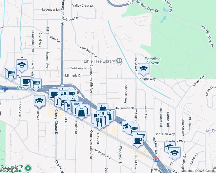map of restaurants, bars, coffee shops, grocery stores, and more near 4828 Oakwood Avenue in La Cañada Flintridge