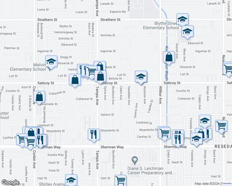 map of restaurants, bars, coffee shops, grocery stores, and more near 7518 Beckford Avenue in Los Angeles
