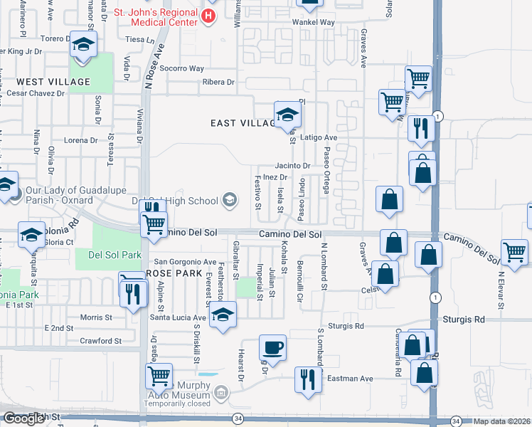 map of restaurants, bars, coffee shops, grocery stores, and more near 521 Galerita Street in Oxnard