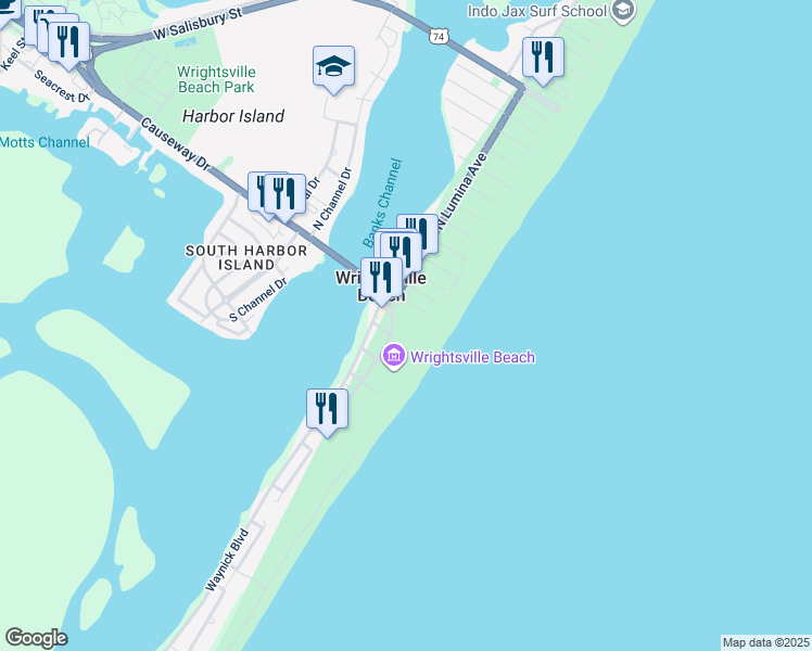 map of restaurants, bars, coffee shops, grocery stores, and more near 95 North Lumina Avenue in Wrightsville Beach