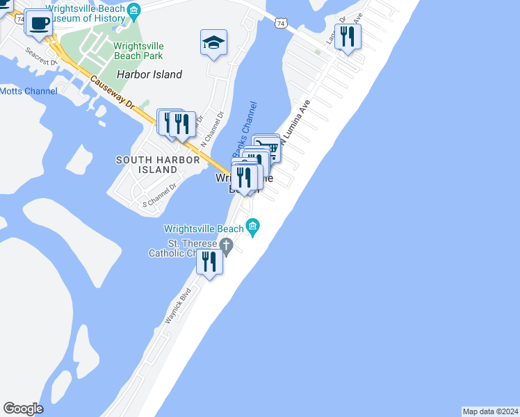 map of restaurants, bars, coffee shops, grocery stores, and more near South Lumina Avenue in Wrightsville Beach