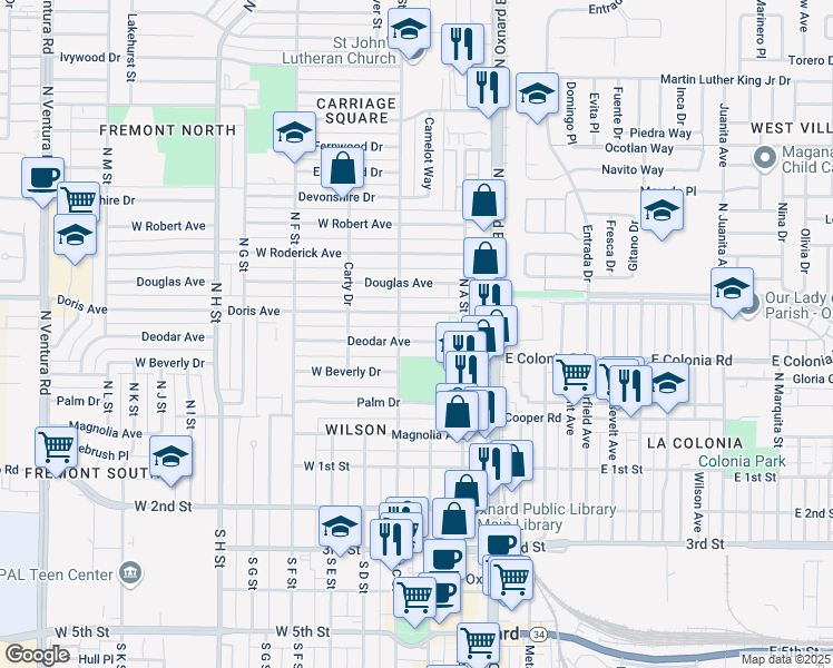 map of restaurants, bars, coffee shops, grocery stores, and more near 321 Deodar Avenue in Oxnard