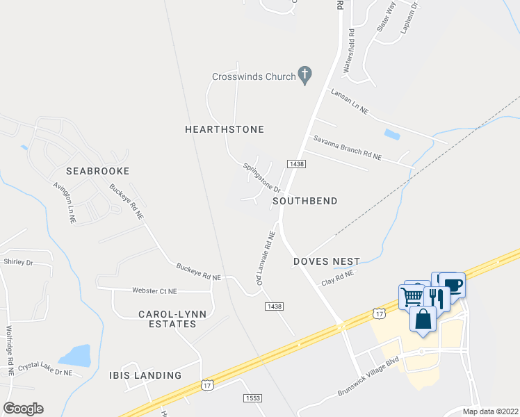 map of restaurants, bars, coffee shops, grocery stores, and more near 1421 Sparkling Rock Court in Leland