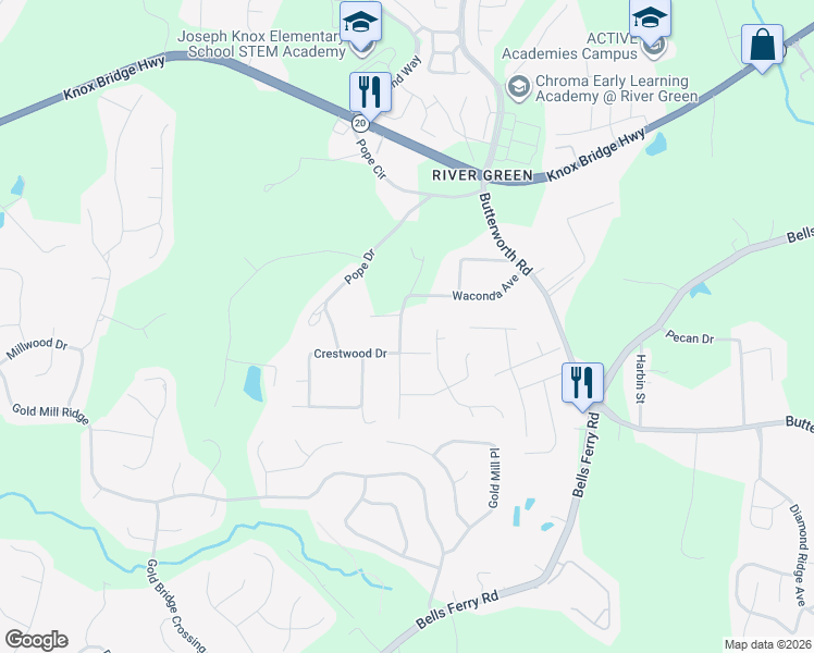 map of restaurants, bars, coffee shops, grocery stores, and more near 185 Shady Brook Drive in Canton