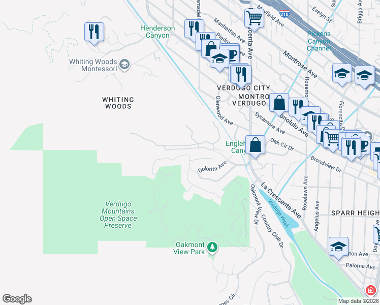 map of restaurants, bars, coffee shops, grocery stores, and more near 959 Eilinita Avenue in Glendale