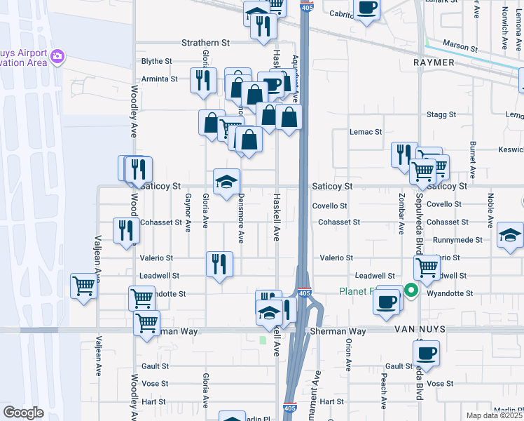 map of restaurants, bars, coffee shops, grocery stores, and more near 15728 Covello Street in Los Angeles