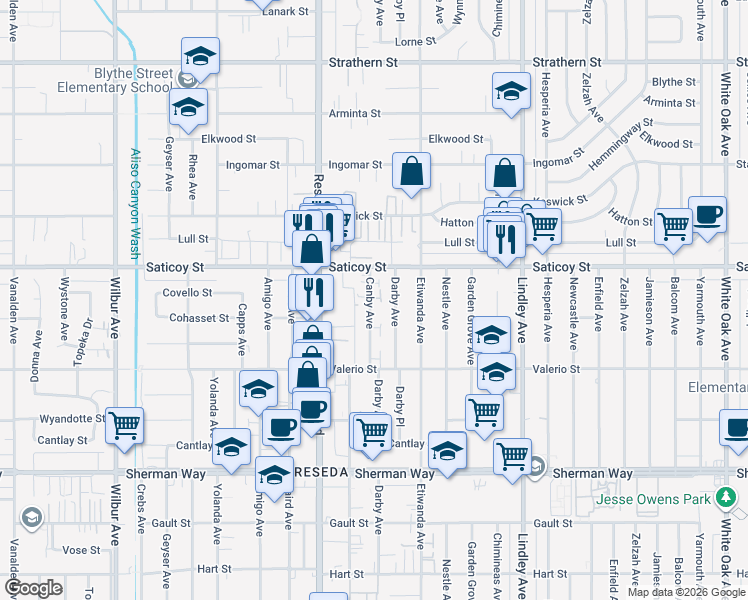 map of restaurants, bars, coffee shops, grocery stores, and more near 7537 Darby Avenue in Los Angeles