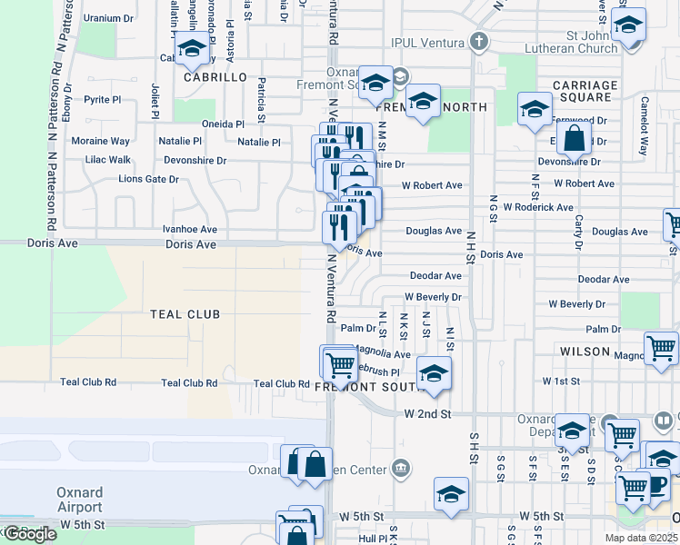 map of restaurants, bars, coffee shops, grocery stores, and more near 526 Ventura Road Frontage Road in Oxnard