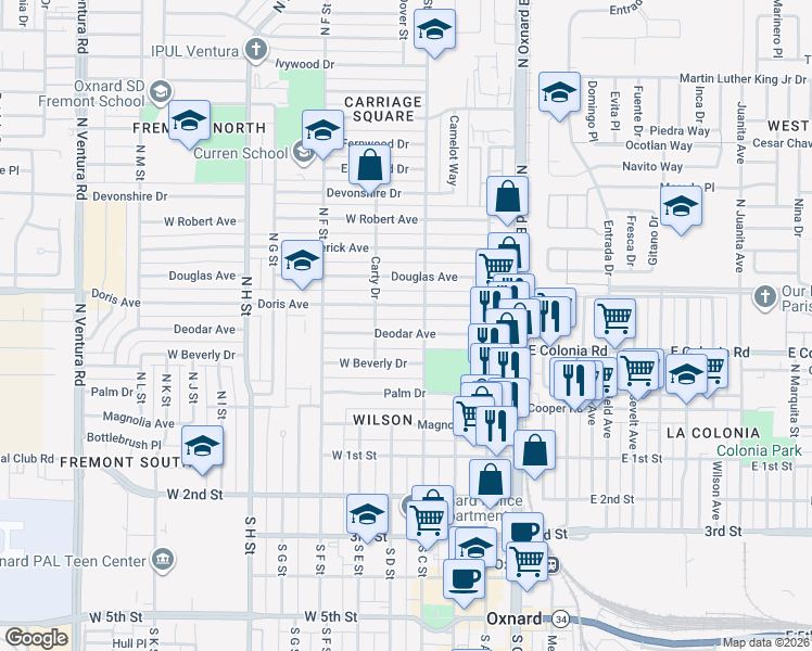 map of restaurants, bars, coffee shops, grocery stores, and more near 530 North C Street in Oxnard