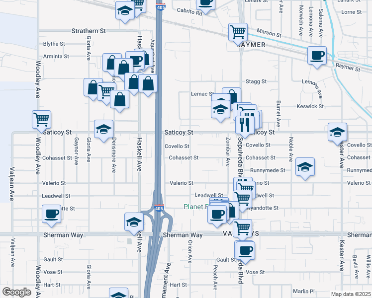 map of restaurants, bars, coffee shops, grocery stores, and more near 15506 Covello Street in Los Angeles