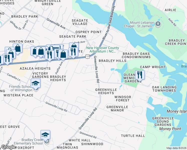 map of restaurants, bars, coffee shops, grocery stores, and more near 6817 Greenville Loop Road in Wilmington