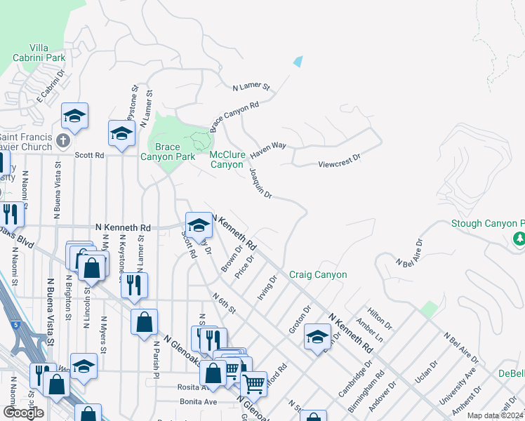 map of restaurants, bars, coffee shops, grocery stores, and more near 2715 Joaquin Drive in Burbank