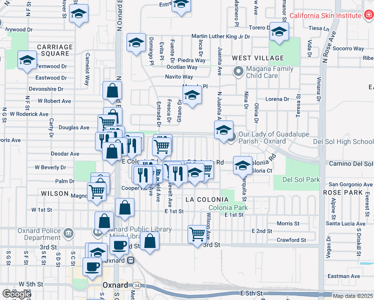 map of restaurants, bars, coffee shops, grocery stores, and more near 2 North McKinley Avenue in Oxnard