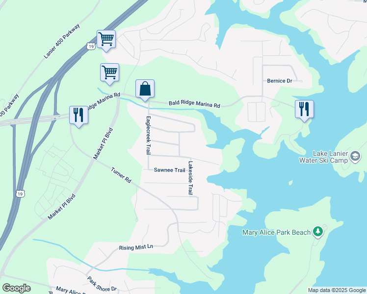 map of restaurants, bars, coffee shops, grocery stores, and more near 1915 Lakeside Trail in Cumming