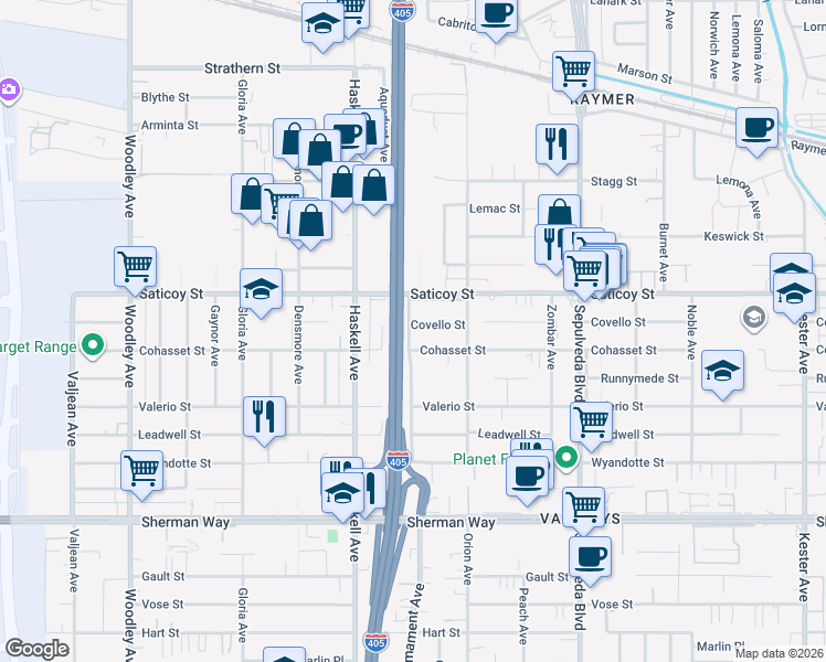map of restaurants, bars, coffee shops, grocery stores, and more near 15558 Covello Street in Los Angeles